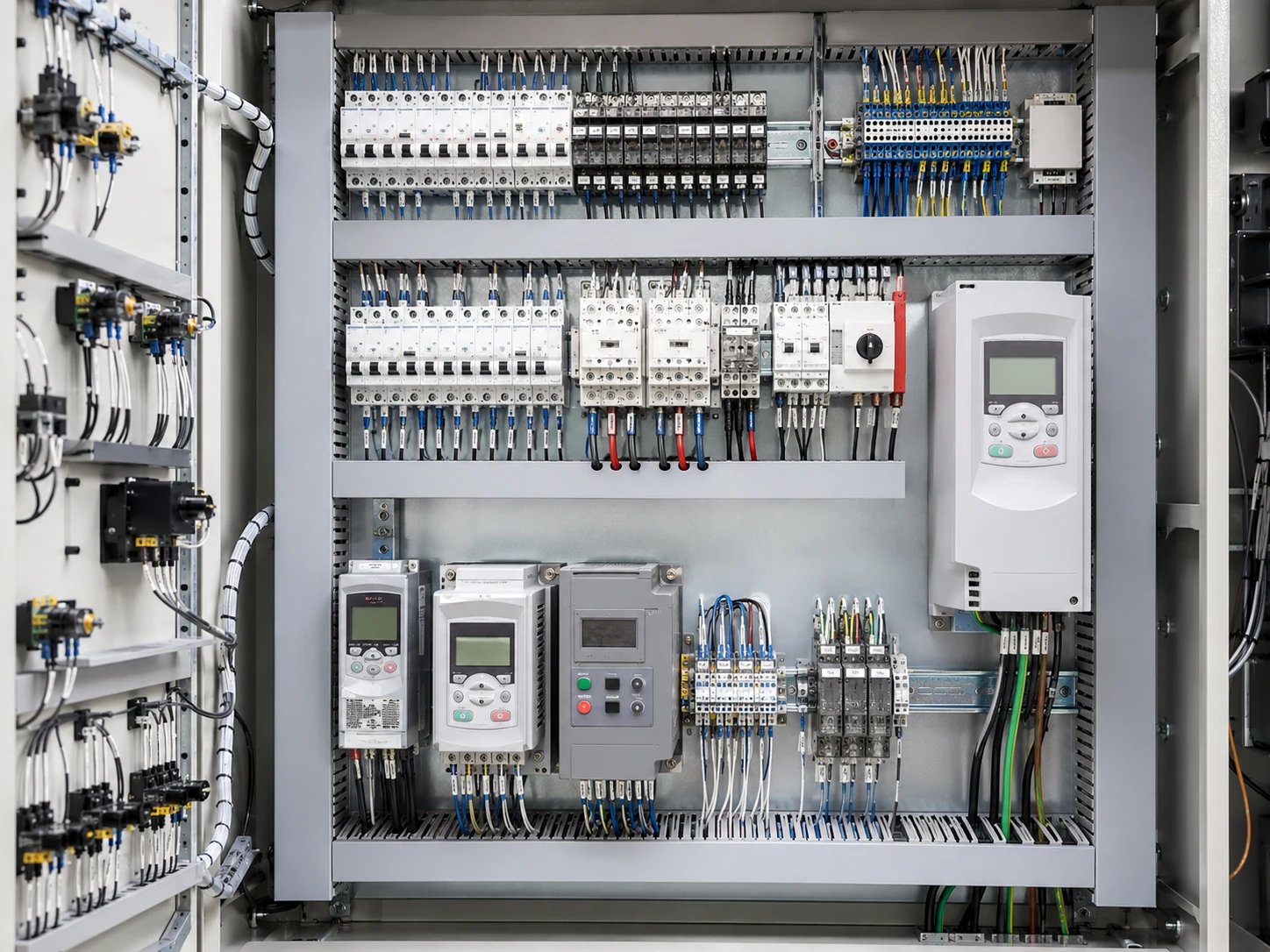 Custom SSAC industrial control panel enclosure with PLC, HMI, motor protection, and power distribution